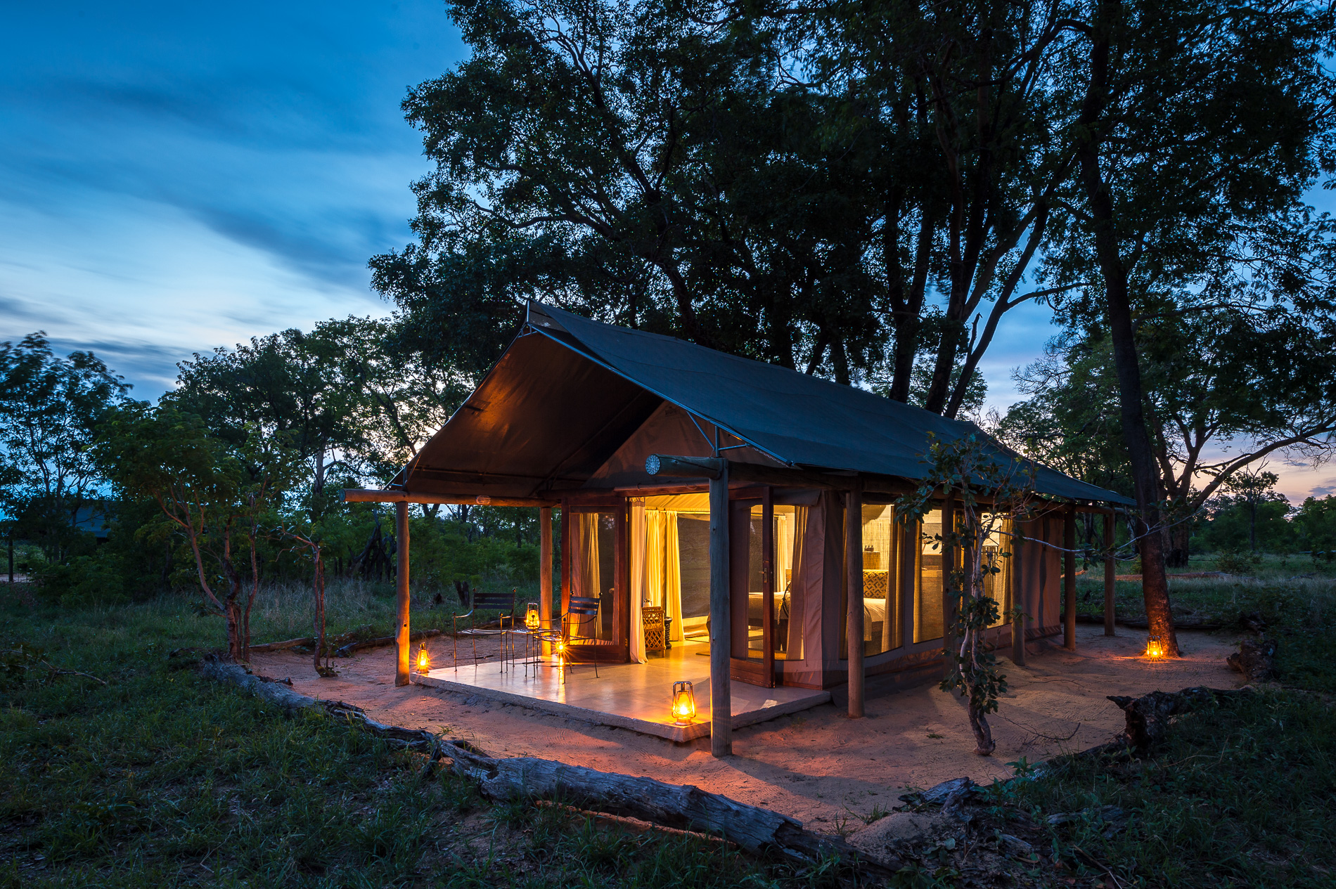 Davison's Camp Hwange Zimbabwe Tented Accommodation at night