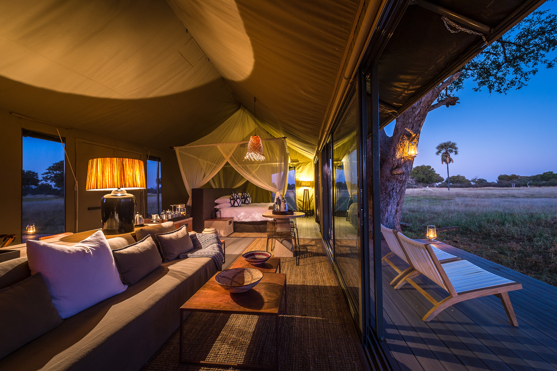 Linkwasha Camp Hwange Zimbabwe Tented Accommodation in the Evening