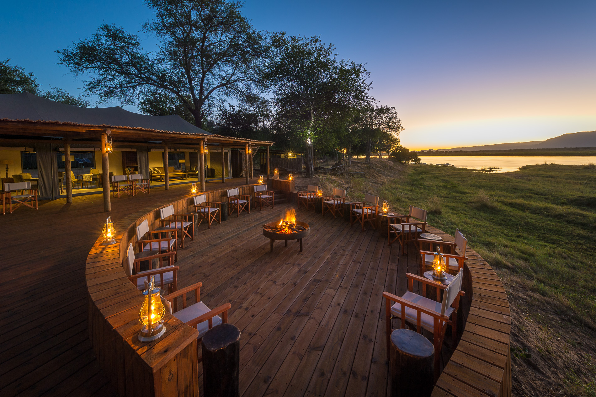 Ruckomechi Camp Mana Pools Zimbabwe Boma Fire Pit at Sunset